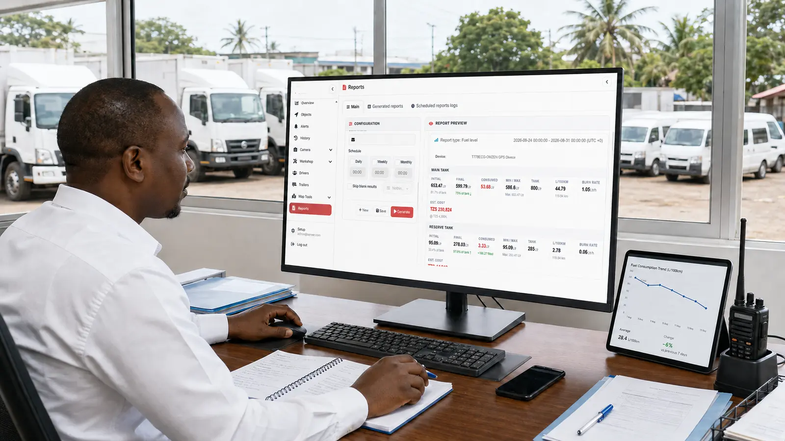 Dispatcher reviewing driver trip reports and route alerts for a Tanzania fleet
