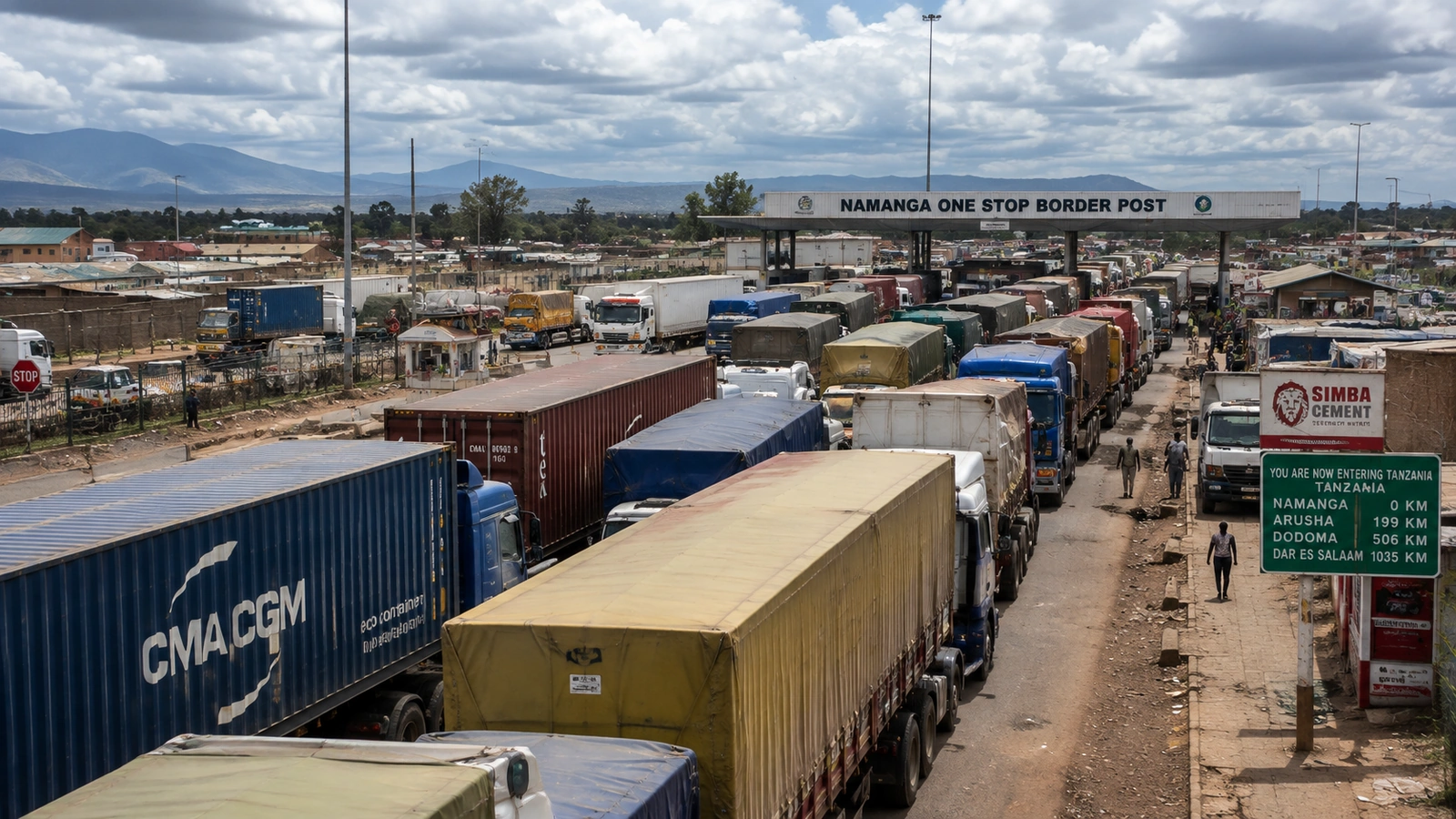 Congested lorries at Namanga One Stop Border Post in Tanzania