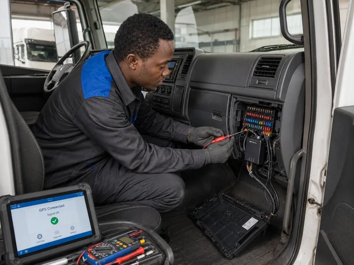 Technician installing a GPS tracker inside a truck in Tanzania