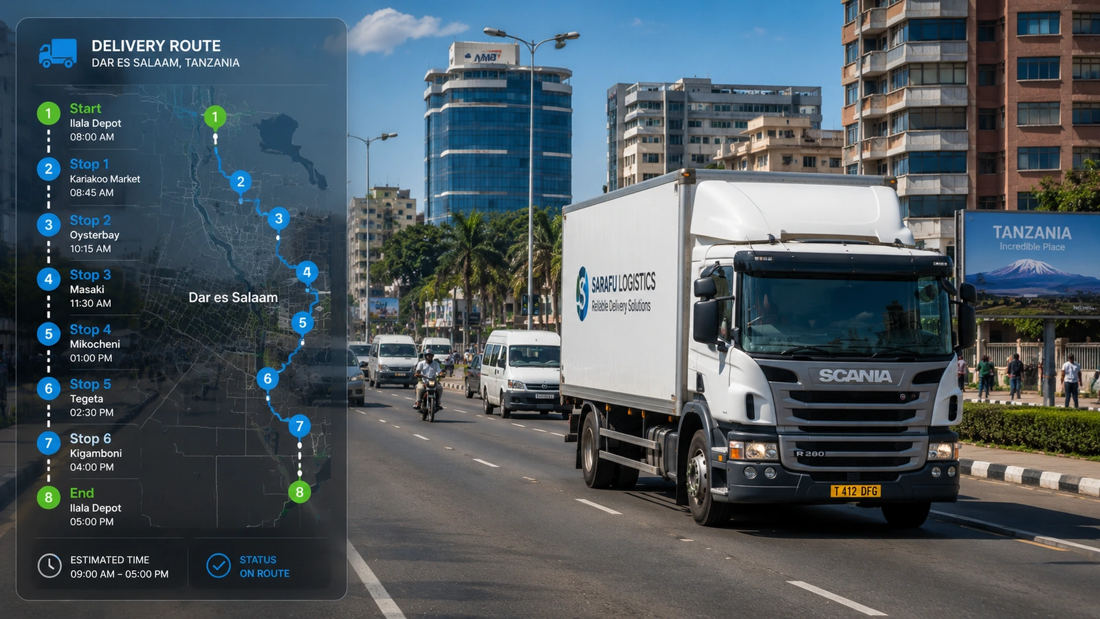 Delivery vehicle route map showing optimised stop sequencing for Tanzania logistics operations