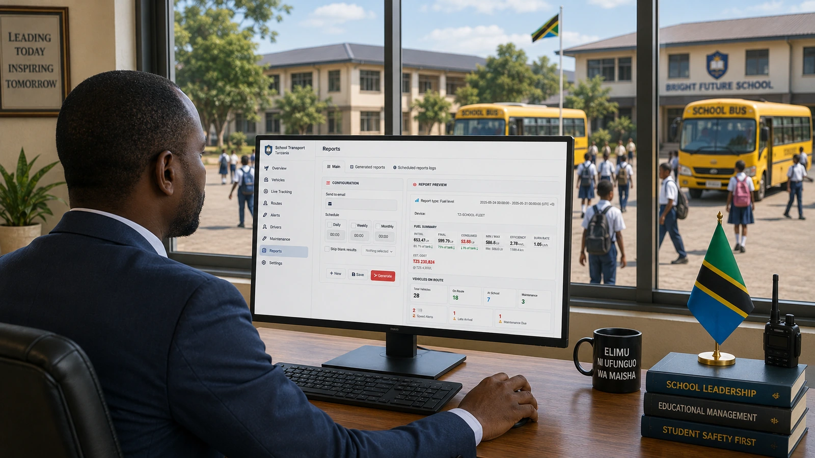 Live GPS map showing school buses travelling between pickup zones and a school campus in Tanzania