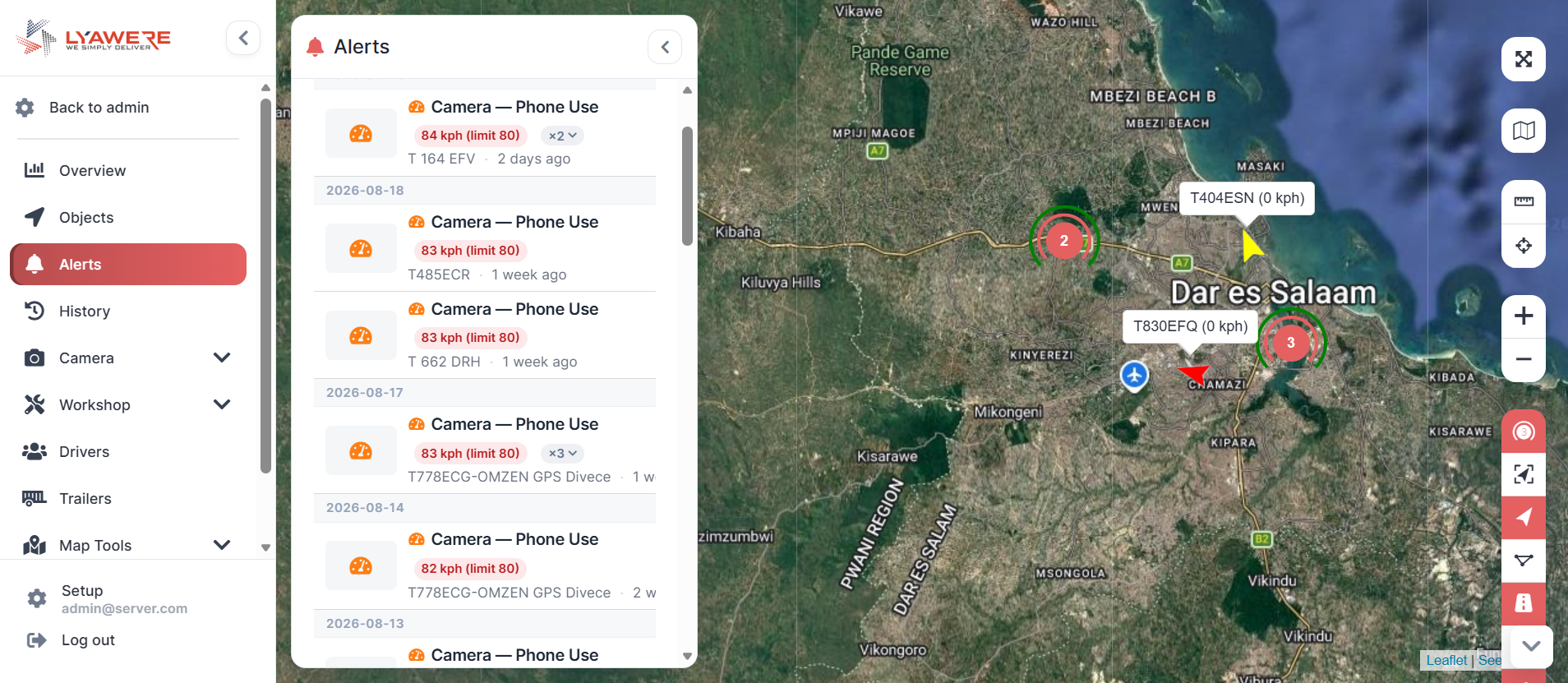 Live vehicle alerts and map view for transport operations
